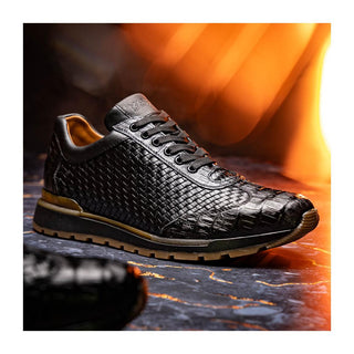 Marco Di Milano Roma Men's Shoes Black Woven Calfskin / Genuine Caiman Crocodile Fashion Sneaker (MDM1106)