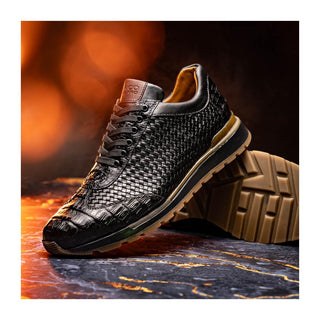 Marco Di Milano Roma Men's Shoes Black Woven Calfskin / Genuine Caiman Crocodile Fashion Sneaker (MDM1106)
