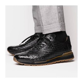 Marco Di Milano Roma Men's Shoes Black Woven Calfskin / Genuine Caiman Crocodile Fashion Sneaker (MDM1106)