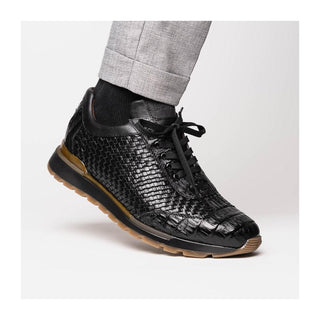 Marco Di Milano Roma Men's Shoes Black Woven Calfskin / Genuine Caiman Crocodile Fashion Sneaker (MDM1106)