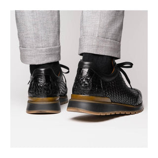 Marco Di Milano Roma Men's Shoes Black Woven Calfskin / Genuine Caiman Crocodile Fashion Sneaker (MDM1106)