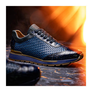 Marco Di Milano Roma Men's Shoes Navy Woven Calfskin / Genuine Caiman Crocodile Fashion Sneaker (MDM1106)