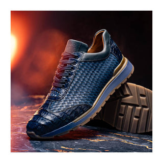 Marco Di Milano Roma Men's Shoes Navy Woven Calfskin / Genuine Caiman Crocodile Fashion Sneaker (MDM1106)