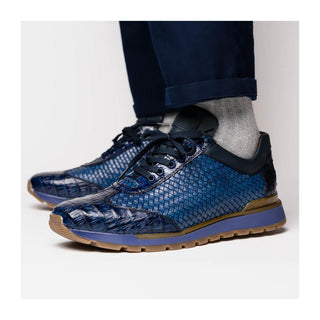 Marco Di Milano Roma Men's Shoes Navy Woven Calfskin / Genuine Caiman Crocodile Fashion Sneaker (MDM1106)