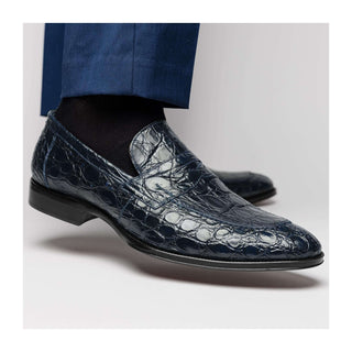 Zelli Italia Roma Men's Shoes Navy Crocodile Skin Penny Loafer (ZEL1003)