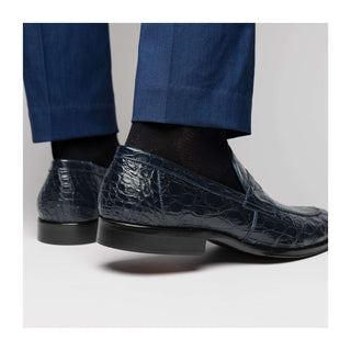 Zelli Italia Roma Men's Shoes Navy Crocodile Skin Penny Loafer (ZEL1003)