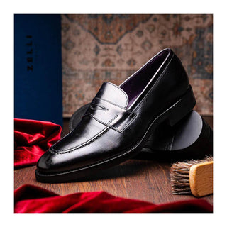 Zelli Italia Roma Men's Shoes Black Burnished Calf-Skin Leather Penny Loafer (ZEL1019)