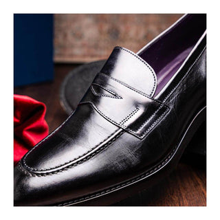 Zelli Italia Roma Men's Shoes Black Burnished Calf-Skin Leather Penny Loafer (ZEL1019)