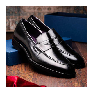 Zelli Italia Roma Men's Shoes Black Burnished Calf-Skin Leather Penny Loafer (ZEL1019)