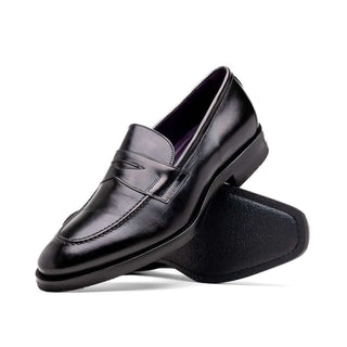 Zelli Italia Roma Men's Shoes Black Burnished Calf-Skin Leather Penny Loafer (ZEL1019)