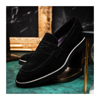 Zelli Italia Roma Men's Shoes Black Suede Leather Penny Loafer (ZEL1032)