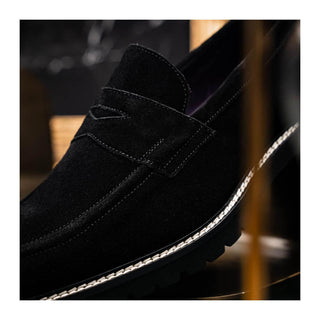 Zelli Italia Roma Men's Shoes Black Suede Leather Penny Loafer (ZEL1032)