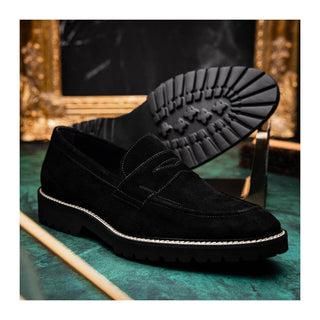 Zelli Italia Roma Men's Shoes Black Suede Leather Penny Loafer (ZEL1032)