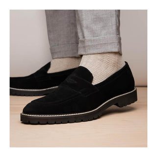 Zelli Italia Roma Men's Shoes Black Suede Leather Penny Loafer (ZEL1032)