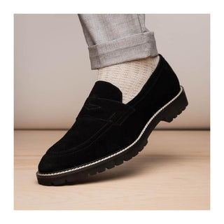 Zelli Italia Roma Men's Shoes Black Suede Leather Penny Loafer (ZEL1032)