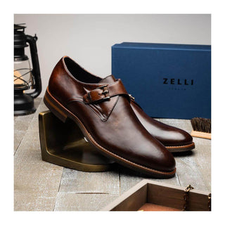 Zelli Italia Roman Men's Shoes Chestnut Calf-Skin Leather Single Monk-Strap (ZEL1076)