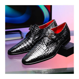 Marco Di Milano Rovigo Men's Shoes Black Exotic Crocodile Single Monk Strap (MDM1126)