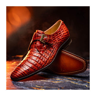 Marco Di Milano Rovigo Men's Shoes Rustic Cognac Exotic Crocodile Single Monk Strap (MDM1126)