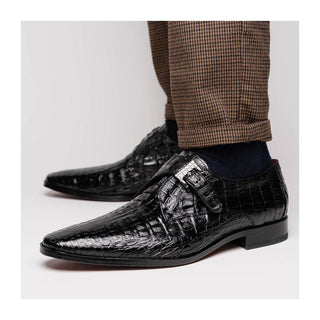 Marco Di Milano Rovigo Men's Shoes Black Exotic Crocodile Single Monk Strap (MDM1126)