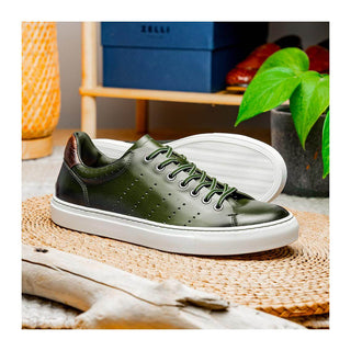 Zelli Italia Russo Men's Shoes Olive Burnished Calf-Skin Leather Sneaker (ZEL1050)