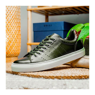Zelli Italia Russo Men's Shoes Olive Burnished Calf-Skin Leather Sneaker (ZEL1050)
