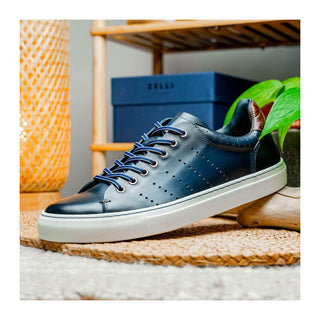 Zelli Italia Russo Men's Shoes Navy Burnished Calf-Skin Leather Sneaker (ZEL1050)