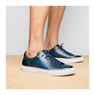 Zelli Italia Russo Men's Shoes Navy Burnished Calf-Skin Leather Sneaker (ZEL1050)