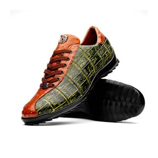 Marco Di Milano Saulo Men's Shoes Green & Cognac Exotic Ostrich / Alligator Casual Sneakers (MDM1045)