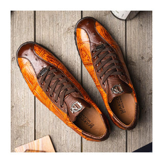 Marco Di Milano Saulo Men's Shoes Brandy & Brown Exotic Ostrich / Alligator Casual Sneakers (MDM1045)