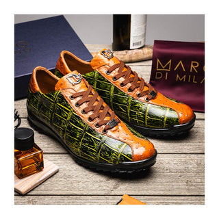 Marco Di Milano Saulo Men's Shoes Green & Cognac Exotic Ostrich / Alligator Casual Sneakers (MDM1045)