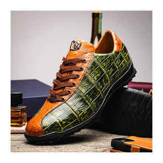 Marco Di Milano Saulo Men's Shoes Green & Cognac Exotic Ostrich / Alligator Casual Sneakers (MDM1045)