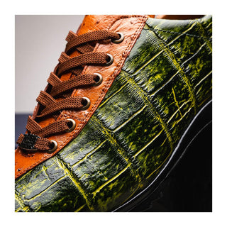 Marco Di Milano Saulo Men's Shoes Green & Cognac Exotic Ostrich / Alligator Casual Sneakers (MDM1045)