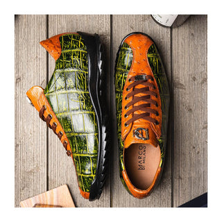 Marco Di Milano Saulo Men's Shoes Green & Cognac Exotic Ostrich / Alligator Casual Sneakers (MDM1045)