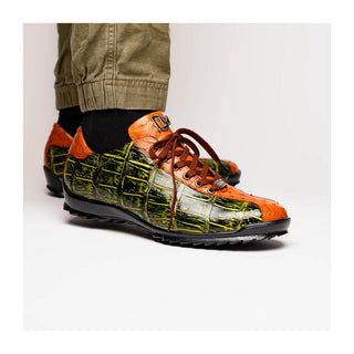 Marco Di Milano Saulo Men's Shoes Green & Cognac Exotic Ostrich / Alligator Casual Sneakers (MDM1045)