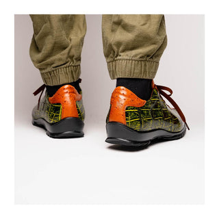 Marco Di Milano Saulo Men's Shoes Green & Cognac Exotic Ostrich / Alligator Casual Sneakers (MDM1045)