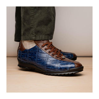 Marco Di Milano Saulo Men's Shoes Blue Jeans Exotic Ostrich / Alligator Casual Sneakers (MDM1045)