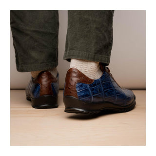 Marco Di Milano Saulo Men's Shoes Blue Jeans Exotic Ostrich / Alligator Casual Sneakers (MDM1045)
