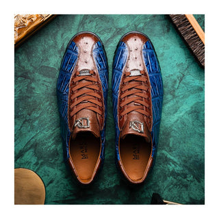 Marco Di Milano Saulo Men's Shoes Blue Jeans Exotic Ostrich / Alligator Casual Sneakers (MDM1045)