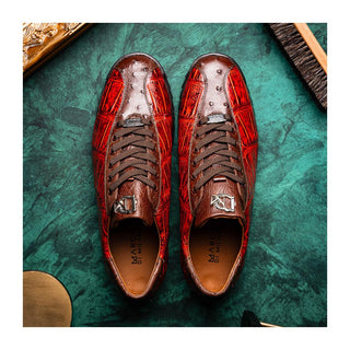 Marco Di Milano Saulo Men's Shoes Cognac Exotic Ostrich / Alligator Casual Sneakers (MDM1045)