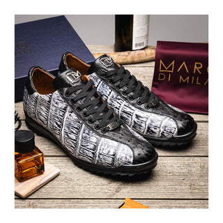 Marco Di Milano Saulo Men's Shoes Newspaper & Black Exotic Ostrich / Alligator Casual Sneakers (MDM1045)
