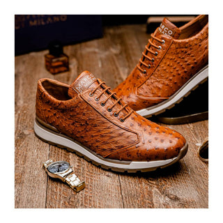 Marco Di Milano Scanno Men's Shoes Antique Cognac Exotic Ostich Casual Sneakers (MDM1049)