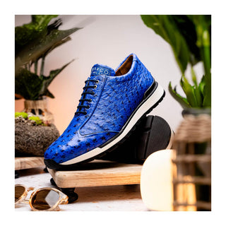 Marco Di Milano Scanno Men's Shoes Electric Blue Exotic Ostrich Casual Sneakers (MDM1046)