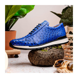 Marco Di Milano Scanno Men's Shoes Electric Blue Exotic Ostrich Casual Sneakers (MDM1046)