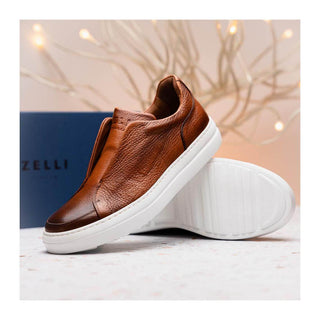 Zelli Italia Spettacolare Men's Shoes Cognac Pebble Grain Calf-Skin Leather Slip-On Sneaker (ZEL1051)