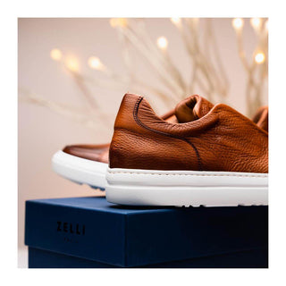 Zelli Italia Spettacolare Men's Shoes Cognac Pebble Grain Calf-Skin Leather Slip-On Sneaker (ZEL1051)