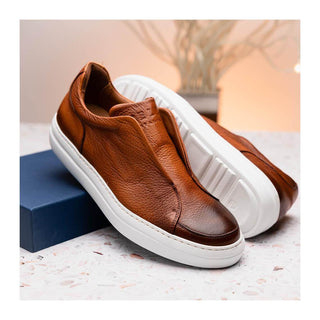 Zelli Italia Spettacolare Men's Shoes Cognac Pebble Grain Calf-Skin Leather Slip-On Sneaker (ZEL1051)