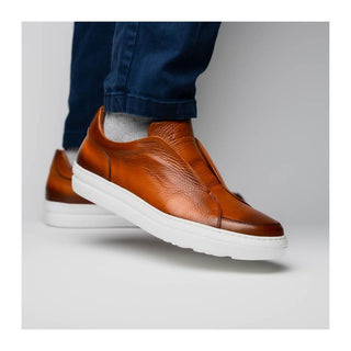 Zelli Italia Spettacolare Men's Shoes Cognac Pebble Grain Calf-Skin Leather Slip-On Sneaker (ZEL1051)