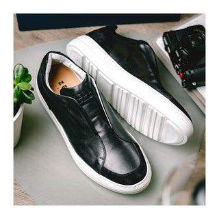 Zelli Italia Spettacolare Men's Shoes Black Pebble Grain Calf-Skin Leather Slip-On Sneaker (ZEL1051)