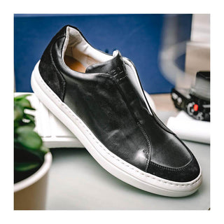 Zelli Italia Spettacolare Men's Shoes Black Pebble Grain Calf-Skin Leather Slip-On Sneaker (ZEL1051)