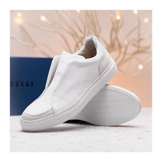 Zelli Italia Spettacolare Men's Shoes White Pebble Grain Calf-Skin Leather Slip-On Sneaker (ZEL1051)
